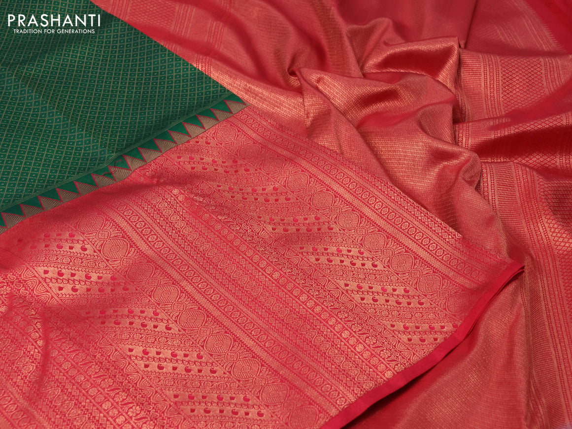 Pure kanchipuram silk saree green and red with allover zari woven brocade weaves and long zari woven border