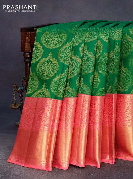 Pure kanchipuram silk saree green and pink shade with allover zari woven brocade weaves and long zari woven border