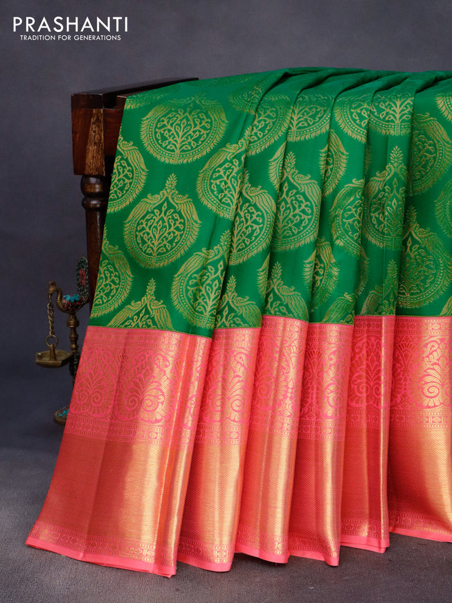 Pure kanchipuram silk saree green and pink shade with allover zari woven brocade weaves and long zari woven border