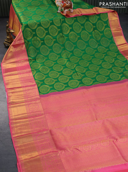 Pure kanchipuram silk saree green and pink shade with allover zari woven brocade weaves and long zari woven border