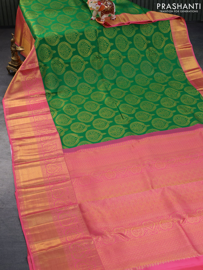 Pure kanchipuram silk saree green and pink shade with allover zari woven brocade weaves and long zari woven border