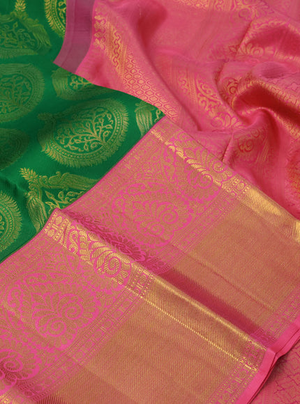 Pure kanchipuram silk saree green and pink shade with allover zari woven brocade weaves and long zari woven border