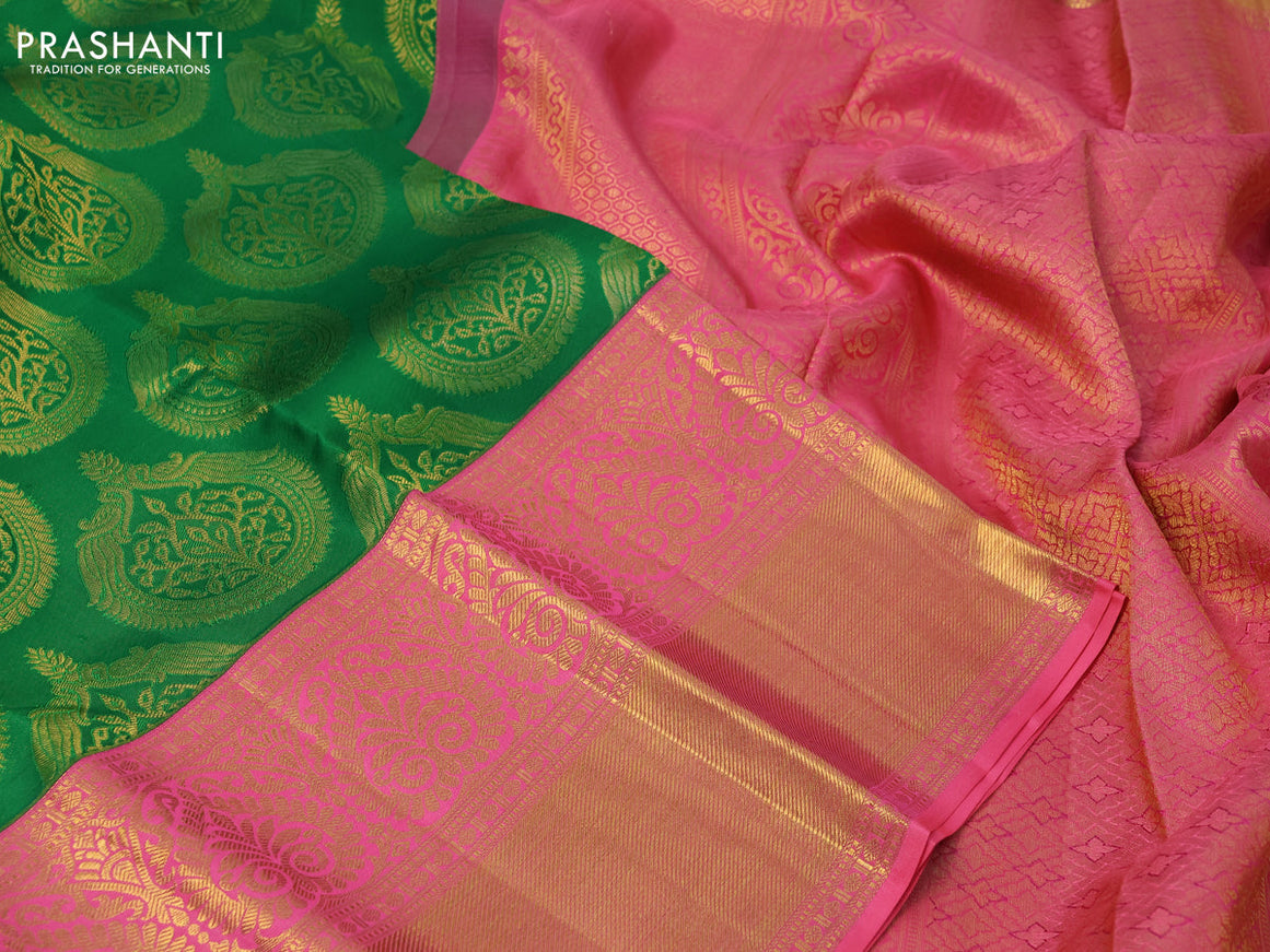 Pure kanchipuram silk saree green and pink shade with allover zari woven brocade weaves and long zari woven border