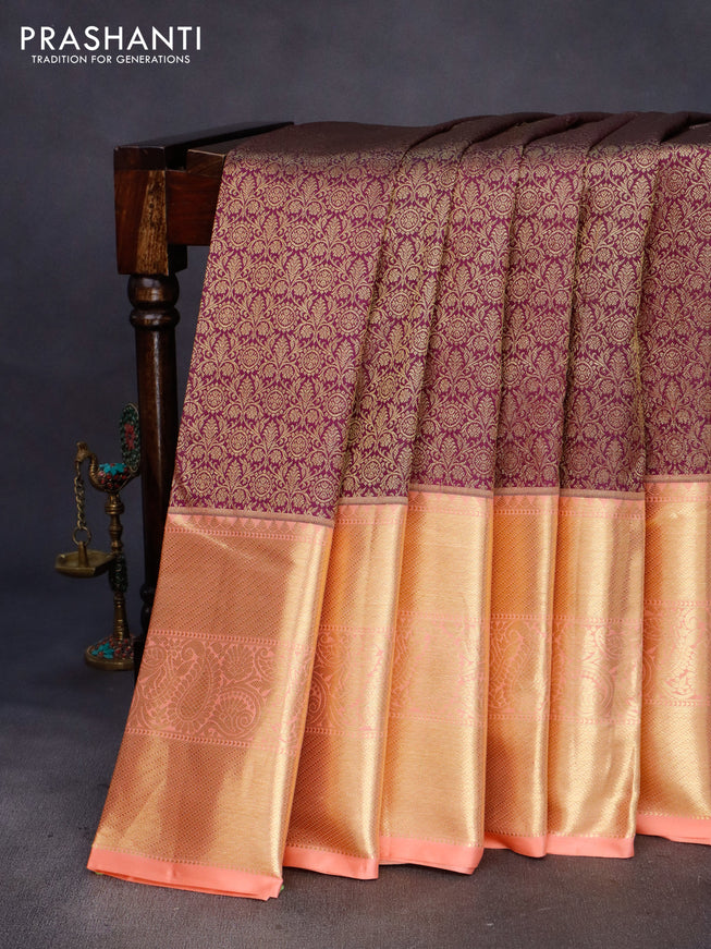 Pure kanchipuram silk saree deep purple and peach shade with allover zari woven brocade weaves and long zari woven border