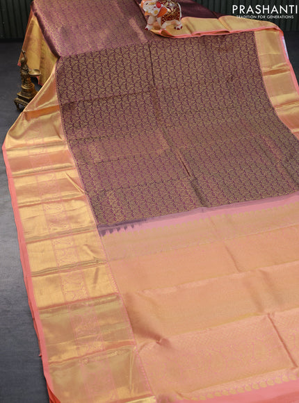 Pure kanchipuram silk saree deep purple and peach shade with allover zari woven brocade weaves and long zari woven border