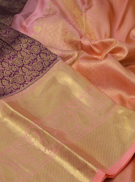 Pure kanchipuram silk saree deep purple and peach shade with allover zari woven brocade weaves and long zari woven border