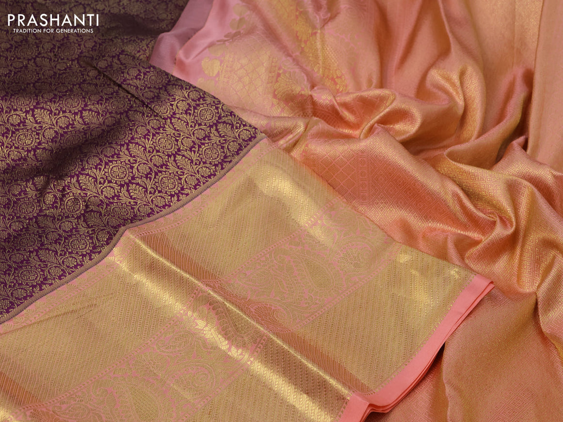 Pure kanchipuram silk saree deep purple and peach shade with allover zari woven brocade weaves and long zari woven border