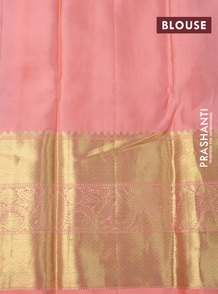 Pure kanchipuram silk saree deep purple and peach shade with allover zari woven brocade weaves and long zari woven border