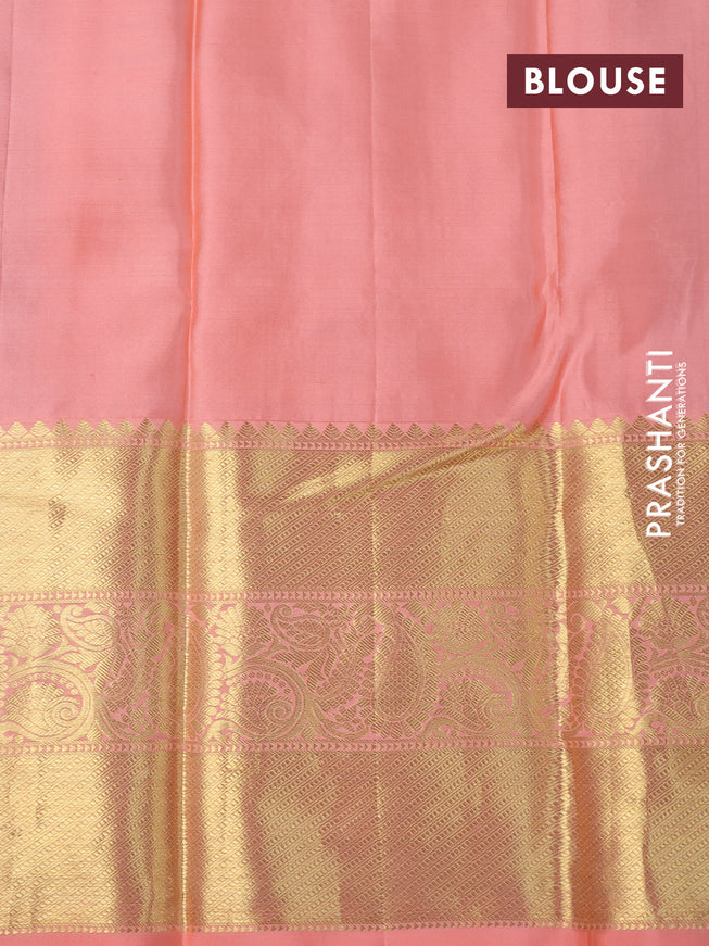 Pure kanchipuram silk saree deep purple and peach shade with allover zari woven brocade weaves and long zari woven border