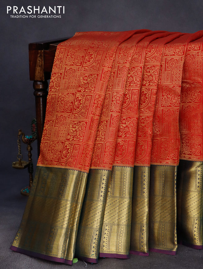 Pure kanchipuram silk saree red and dual shade of purple with allover zari woven brocade weaves and long zari woven border