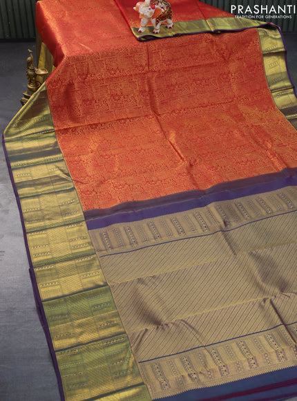 Pure kanchipuram silk saree red and dual shade of purple with allover zari woven brocade weaves and long zari woven border