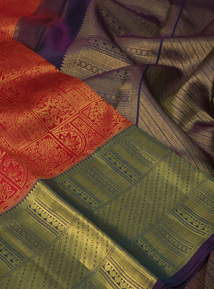 Pure kanchipuram silk saree red and dual shade of purple with allover zari woven brocade weaves and long zari woven border