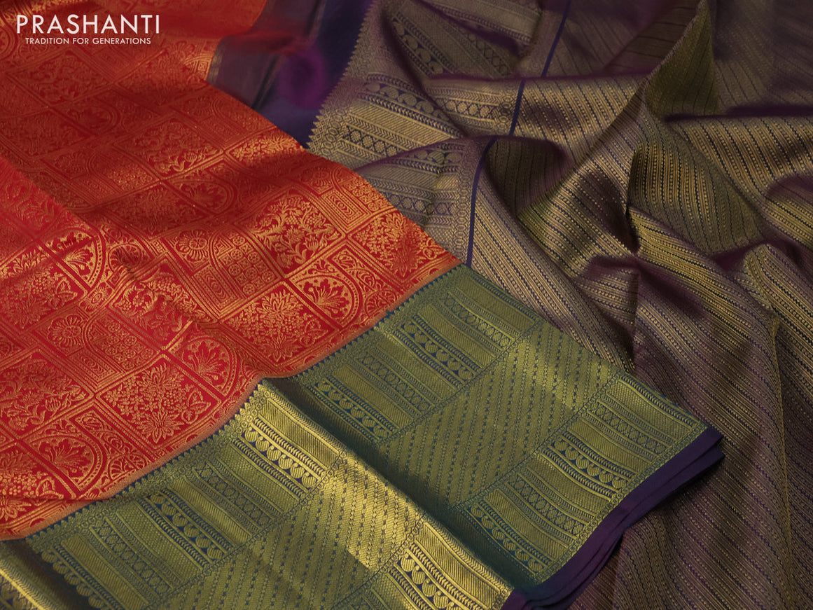 Pure kanchipuram silk saree red and dual shade of purple with allover zari woven brocade weaves and long zari woven border