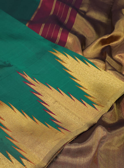 Pure kanchipuram silk saree green with plain body and temple design zari woven border