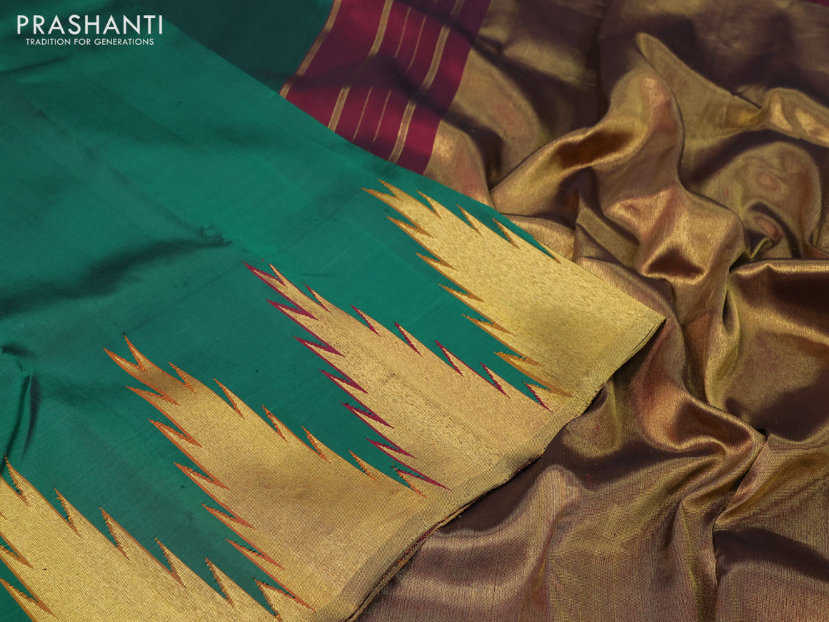 Pure kanchipuram silk saree green with plain body and temple design zari woven border