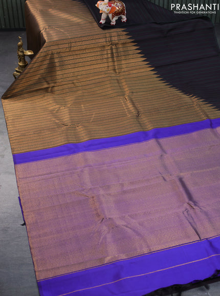 Pure kanchipuram silk saree deep jamun shade and blue with half & half style and temple design zari woven border