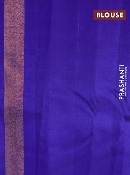 Pure kanchipuram silk saree deep jamun shade and blue with half & half style and temple design zari woven border