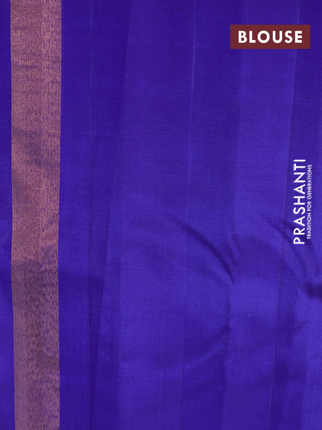 Pure kanchipuram silk saree deep jamun shade and blue with half & half style and temple design zari woven border