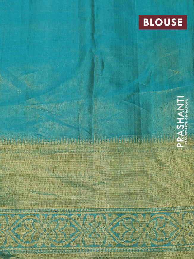 Pure kanchipuram silk saree yellow and teal blue with allover zari woven brocade weaves and zari woven border