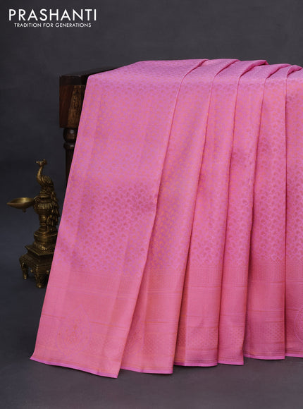 Pure kanchipuram silk saree light pink with allover copper zari woven brocade weaves and copper zari woven border