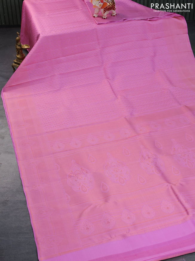 Pure kanchipuram silk saree light pink with allover copper zari woven brocade weaves and copper zari woven border