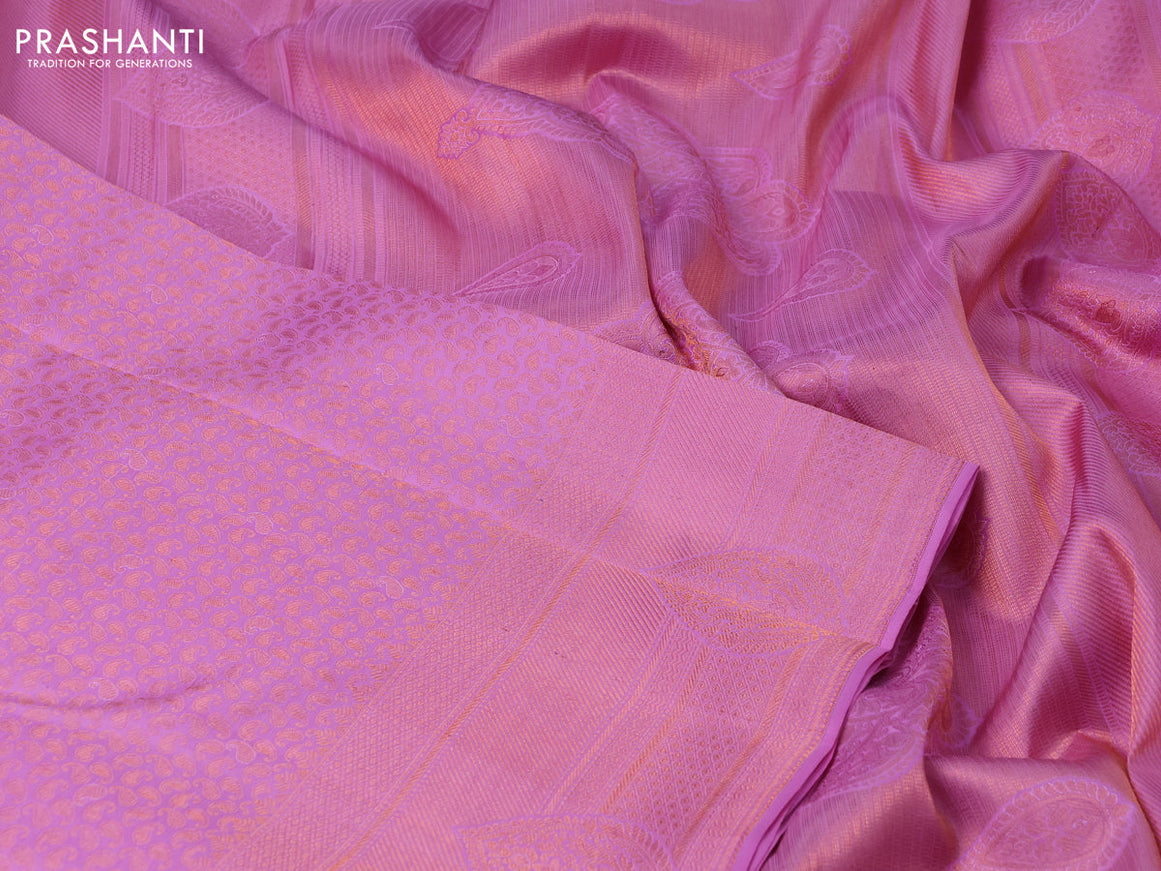 Pure kanchipuram silk saree light pink with allover copper zari woven brocade weaves and copper zari woven border