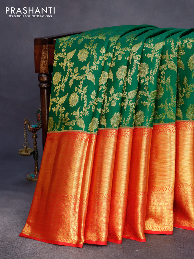 Pure kanchipuram silk saree green and red with allover zari woven brocade weaves and long zari woven border