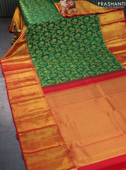 Pure kanchipuram silk saree green and red with allover zari woven brocade weaves and long zari woven border