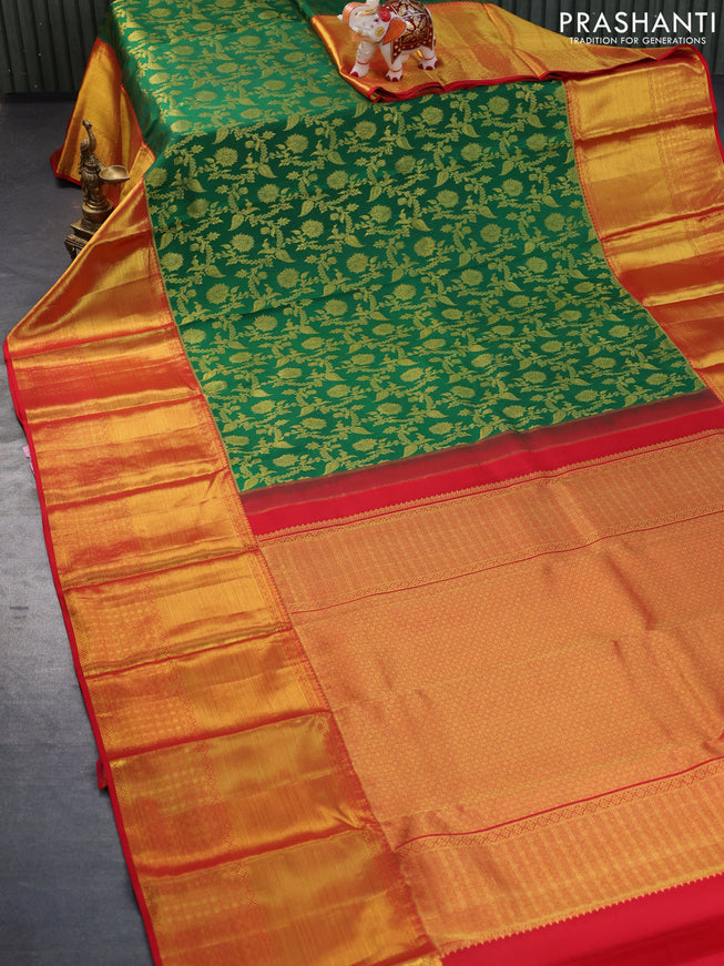 Pure kanchipuram silk saree green and red with allover zari woven brocade weaves and long zari woven border