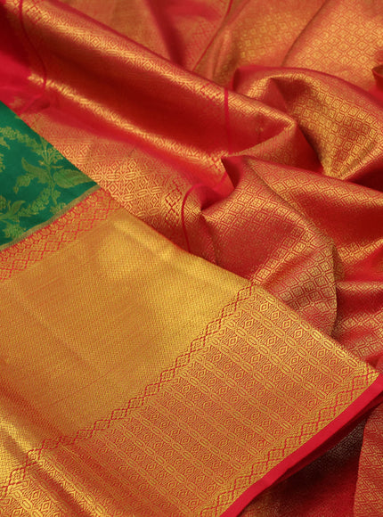 Pure kanchipuram silk saree green and red with allover zari woven brocade weaves and long zari woven border