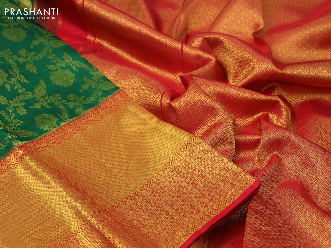 Pure kanchipuram silk saree green and red with allover zari woven brocade weaves and long zari woven border