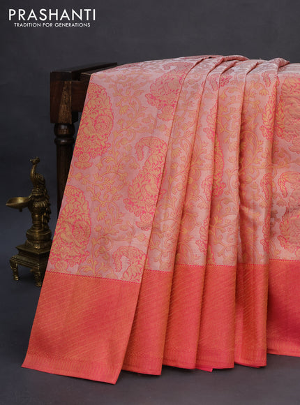 Pure kanchipuram silk saree peach shade and pink with allover zari woven brocade weaves and zari woven border