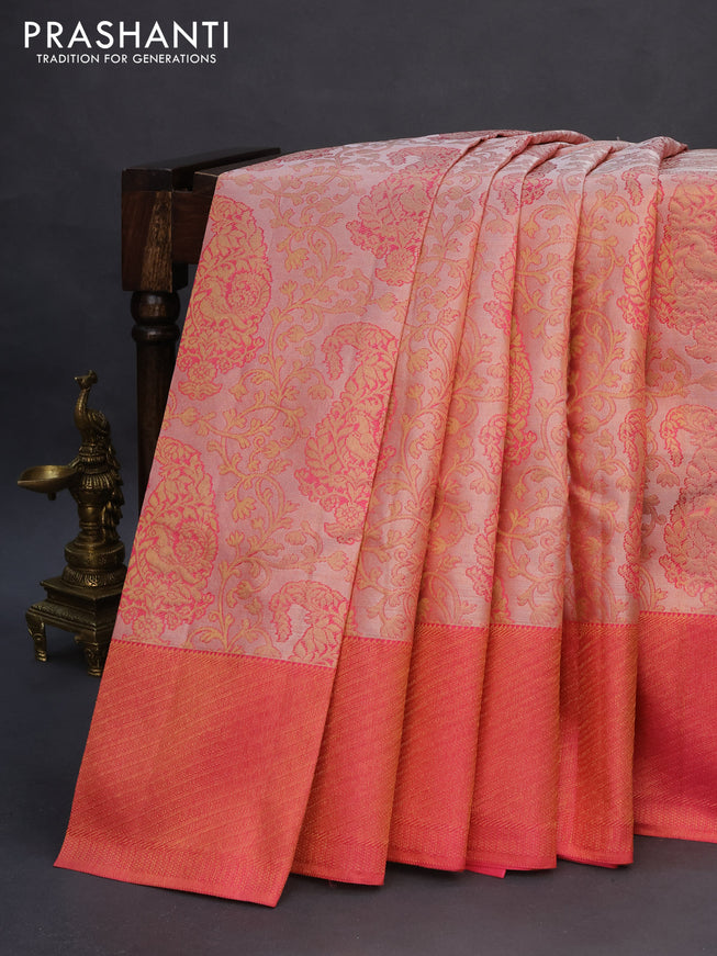 Pure kanchipuram silk saree peach shade and pink with allover zari woven brocade weaves and zari woven border