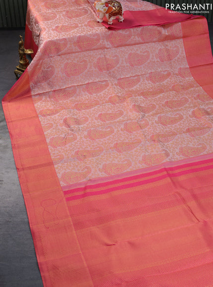 Pure kanchipuram silk saree peach shade and pink with allover zari woven brocade weaves and zari woven border