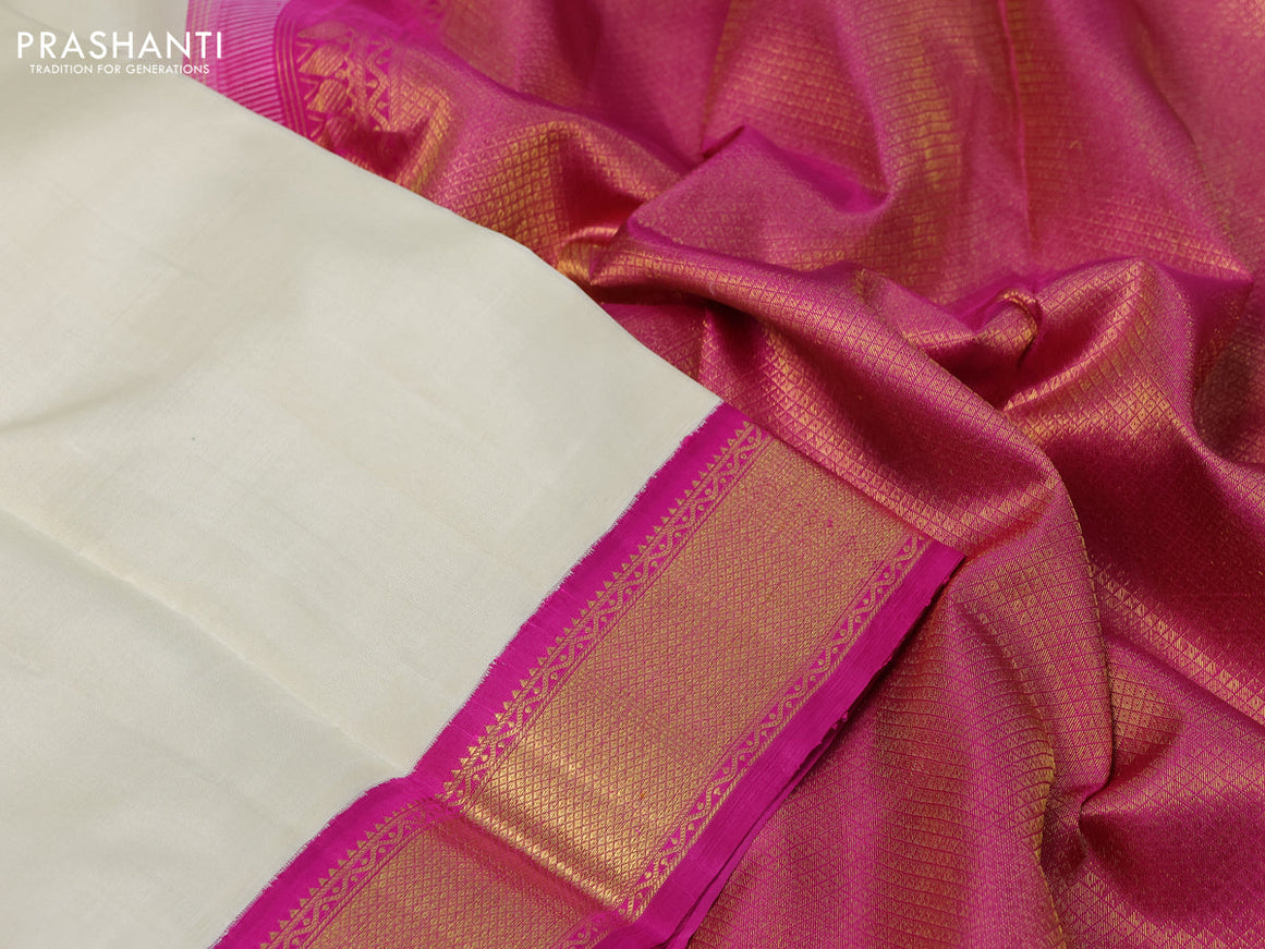 Pure kanchipuram silk saree cream and pink with plain body and zari woven korvai border