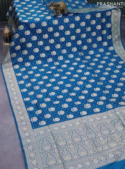 Pure banarasi uppada silk saree cs blue with allover zari woven buttas and zari woven border