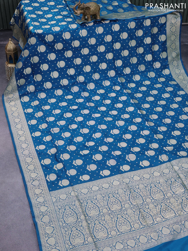 Pure banarasi uppada silk saree cs blue with allover zari woven buttas and zari woven border