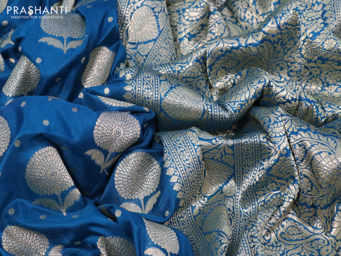 Pure banarasi uppada silk saree cs blue with allover zari woven buttas and zari woven border