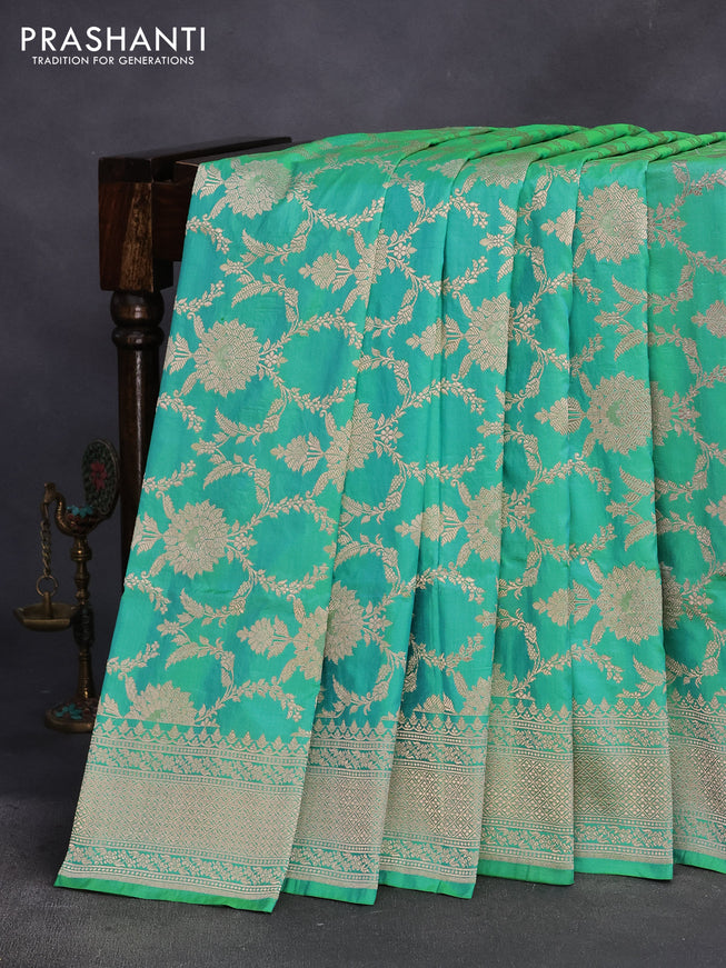 Pure banarasi uppada silk saree dual shade of teal bluish green with allover zari woven brocade weaves and zari woven border