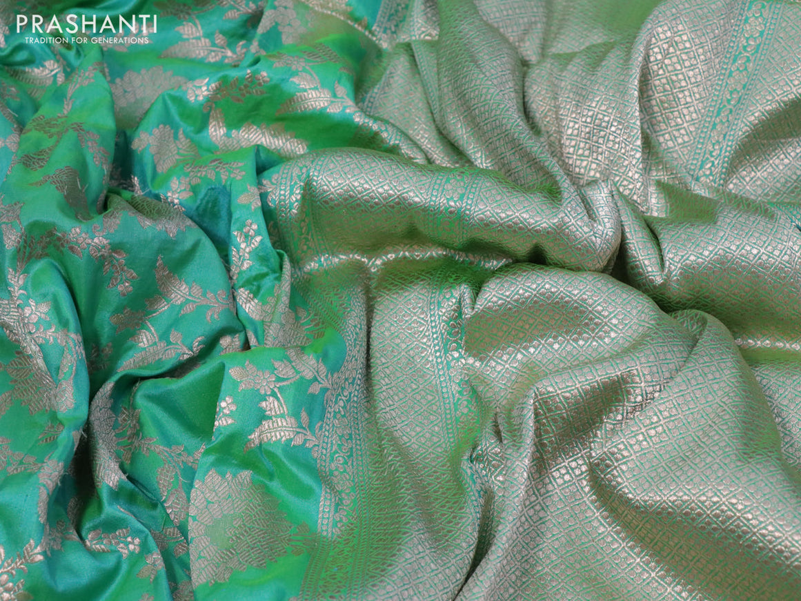 Pure banarasi uppada silk saree dual shade of teal bluish green with allover zari woven brocade weaves and zari woven border