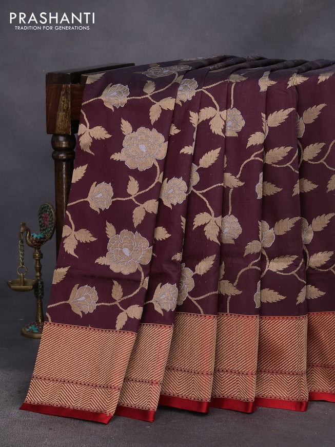 Pure banarasi uppada silk saree coffee brown and red with allover zari woven floral weaves and zari woven border