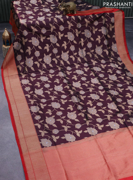 Pure banarasi uppada silk saree coffee brown and red with allover zari woven floral weaves and zari woven border