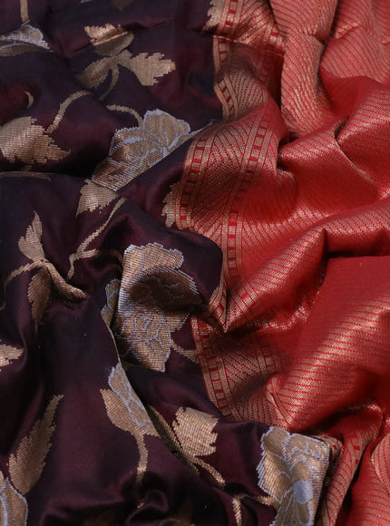 Pure banarasi uppada silk saree coffee brown and red with allover zari woven floral weaves and zari woven border