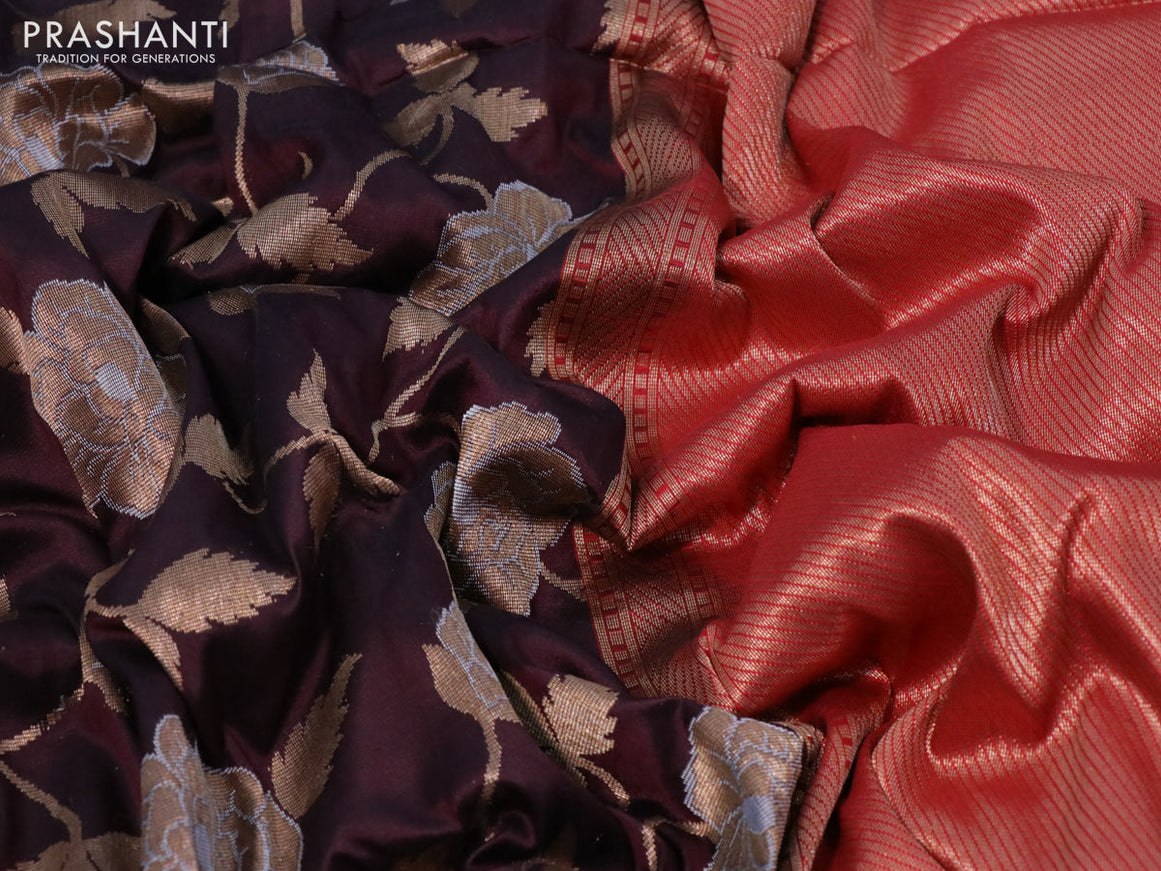 Pure banarasi uppada silk saree coffee brown and red with allover zari woven floral weaves and zari woven border