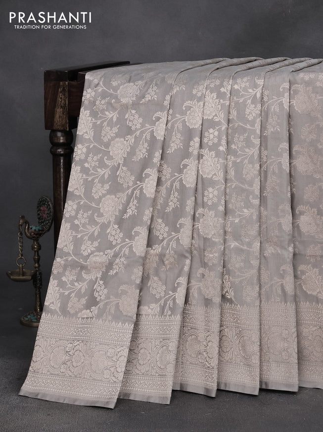 Pure banarasi uppada silk saree grey with allover zari woven floral weaves and zari woven border