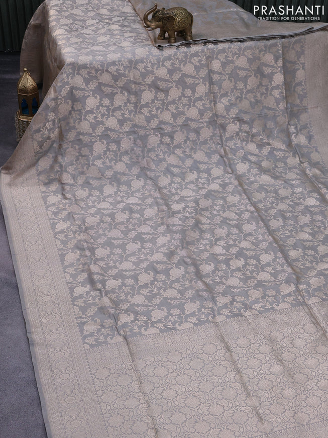 Pure banarasi uppada silk saree grey with allover zari woven floral weaves and zari woven border