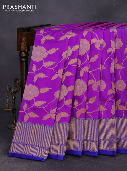 Pure banarasi uppada silk saree purple and blue with allover floral zari weaves and zari woven border