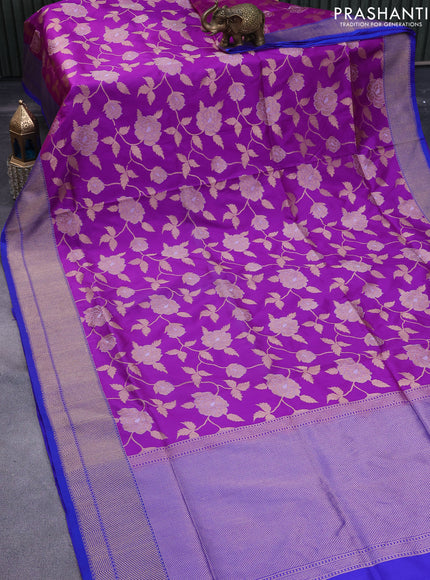 Pure banarasi uppada silk saree purple and blue with allover floral zari weaves and zari woven border