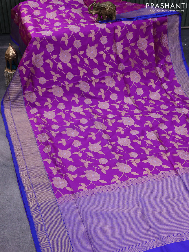 Pure banarasi uppada silk saree purple and blue with allover floral zari weaves and zari woven border