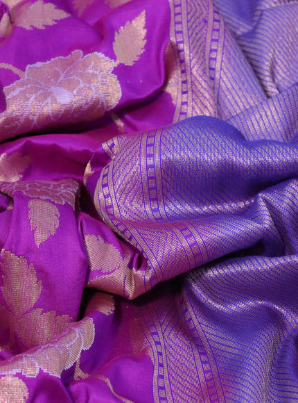 Pure banarasi uppada silk saree purple and blue with allover floral zari weaves and zari woven border